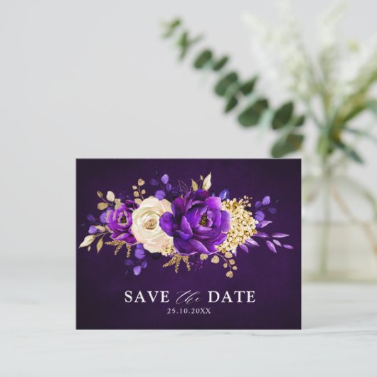 Royal Paars Violet Gold Floral redt de Date Pos Briefkaart (Staand voorkant)