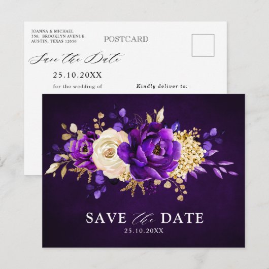 Royal Paars Violet Gold Floral redt de Date Pos Briefkaart (Voorkant / Achterkant)