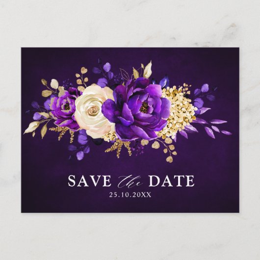 Royal Paars Violet Gold Floral redt de Date Pos Briefkaart (Voorkant)