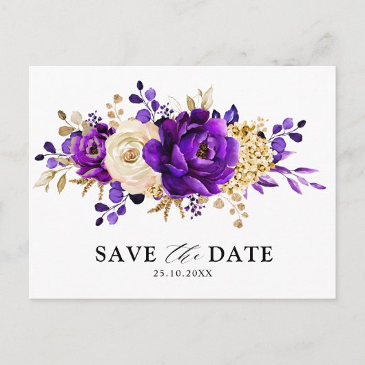 Royal Paars Violet Gold Floral Save the Date Briefkaart (Voorkant)