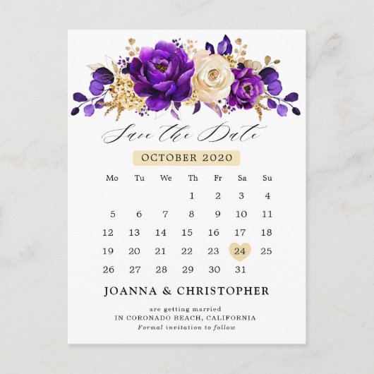 Royal Paars Violet Gold Floral Sla de datum op Briefkaart (Voorkant)