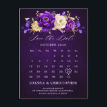 Royal Paars Violet Gold Floral Sla de datum op Pos Briefkaart<br><div class="desc">Elegant royal paars gold thema bruiloft met uitzondering van de datum-briefkaart met elegante bouquet van koninklijk paars,  Indigo,  gouden,  gele rozen bloemen knoppen en eucalyptusbladeren. Neem contact met mij op voor hulp bij aanpassingen of als u een ander product nodig hebt met dit ontwerp.</div>