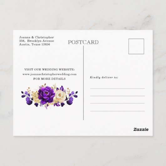 Royal Paars Violet Gold Floral Sla de datum op Pos Briefkaart (Achterkant)