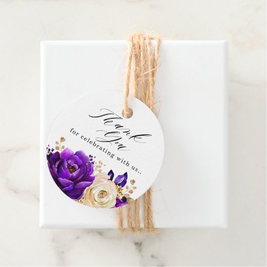 Royal Paars Violet Gold Floral Weddenschap Harteli Bedankjes Labels (In situ)