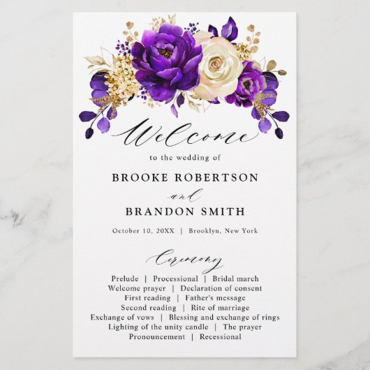 Royal Paars Violet Gold Floral Wedding Programme (Voorkant)