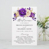 Royal Paars Violet Gold Floral Wedding Programme (Staand voorkant)