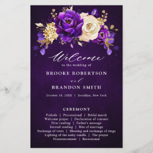Royal Paars Violet Gold Floral Wedding Programme