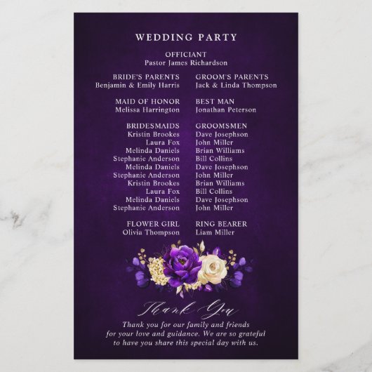 Royal Paars Violet Gold Floral Wedding Programme (Achterkant)