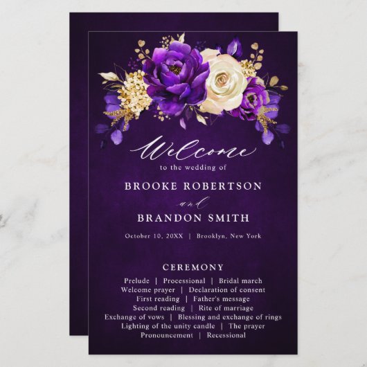 Royal Paars Violet Gold Floral Wedding Programme (Voorkant / Achterkant)