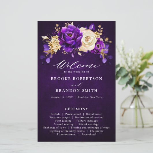 Royal Paars Violet Gold Floral Wedding Programme (Staand voorkant)