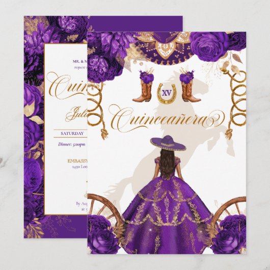 Royal Paars Western Charro 2-sided Quinceanera in Kaart (Voorkant / Achterkant)