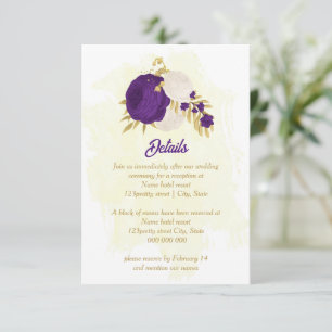 royal paars white bloemen gold botanische bruiloft informatiekaartje