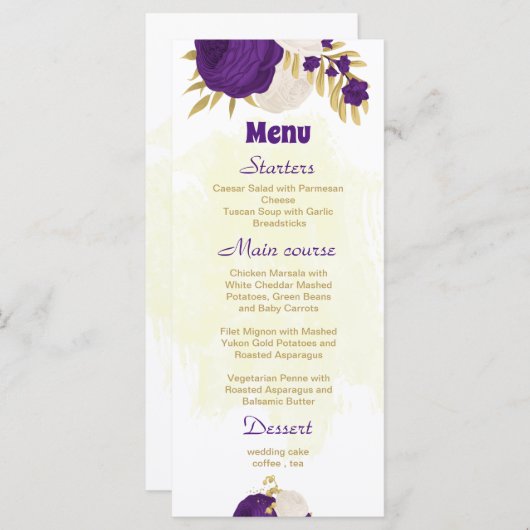 royal paars white bloemen gold botanische bruiloft menu (Voorkant / Achterkant)