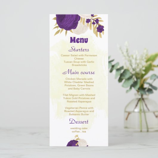 royal paars white bloemen gold botanische bruiloft menu (Staand voorkant)