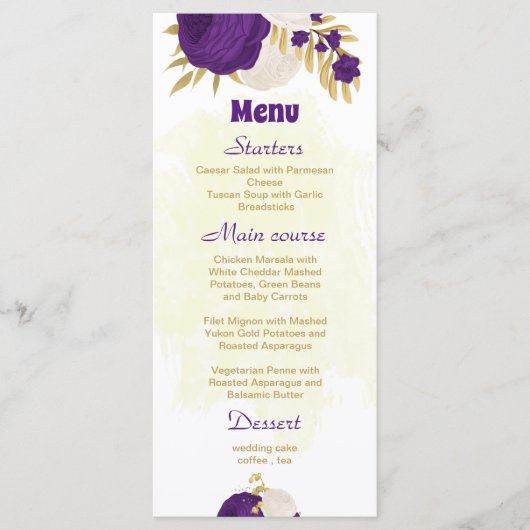 royal paars white bloemen gold botanische bruiloft menu (Voorkant)