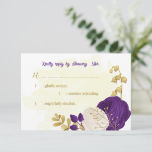 royal paars white bloemen gold botanische bruiloft RSVP kaartje