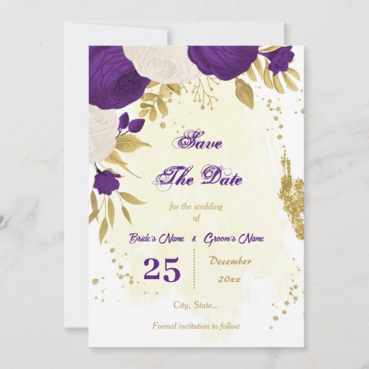 royal paars white bloemen gold save the date (Voorkant)