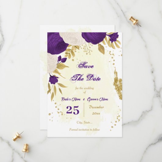 royal paars white bloemen gold save the date (Voorkant / Achterkant in situ)