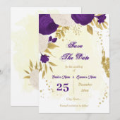royal paars white bloemen gold save the date (Voorkant / Achterkant)