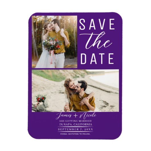 Royal Paarse 2 foto's Save the Date Bruiloft Magneet (Verticaal)