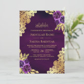 Royal Paarse Bloemen Kant QR Code Moslim Bruiloft Kaart (Staand voorkant)