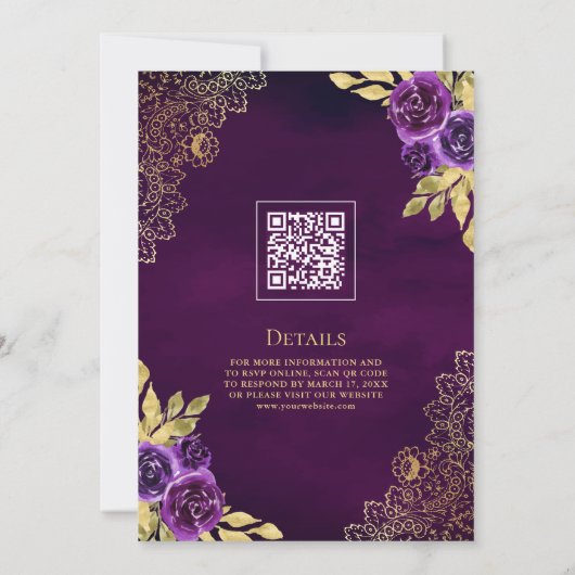 Royal Paarse Bloemen Kant QR Code Moslim Bruiloft Kaart (Achterkant)