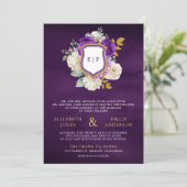 Royal Paarse Bloemen QR Code Foto Crest Wedding Kaart (Staand voorkant)