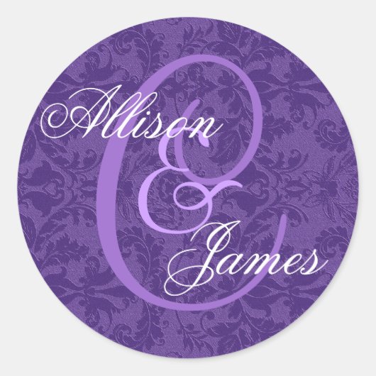Royal Paarse Damask Bruiloft Custom Monogram V01 Ronde Sticker (Voorkant)
