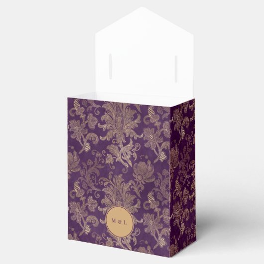 Royal Paarse Damast Monogram Bruiloft Favor Box Bedankdoosjes (Geopend)