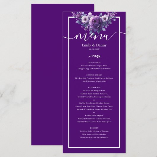 Royal Paarse Elegant Violet Botanisch Wedding Menu (Voorkant / Achterkant)