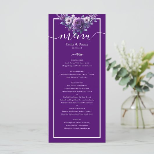 Royal Paarse Elegant Violet Botanisch Wedding Menu (Staand voorkant)