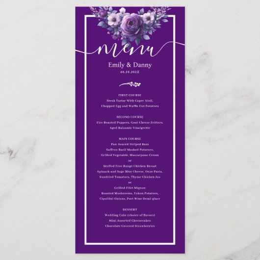 Royal Paarse Elegant Violet Botanisch Wedding Menu (Voorkant)