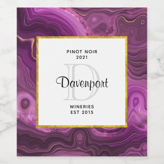 Royal Paarse en Gold Agaat Abstracte wijnmakerij Wijn Etiket (Enkel label)