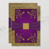 Royal Paarse en gouden Monogram bruiloft uitnodigi Kaart (Voorkant / Achterkant)