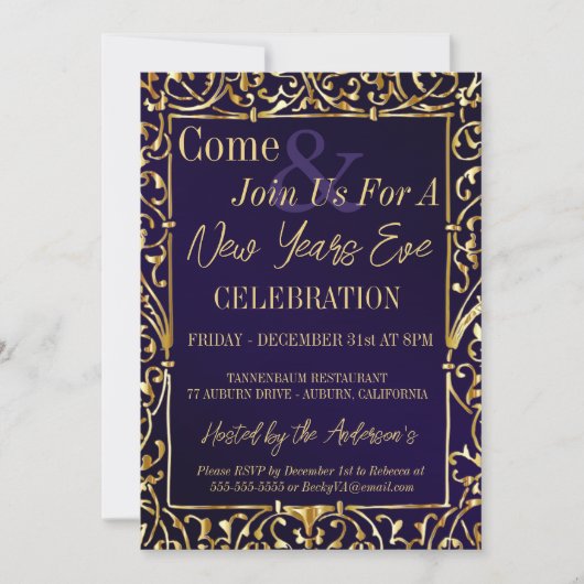 Royal Paarse en gouden oudejaarsuitnodiging Kaart (Voorkant)