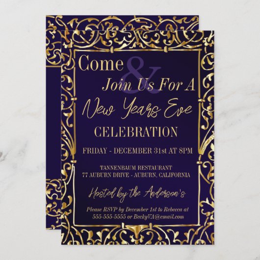 Royal Paarse en gouden oudejaarsuitnodiging Kaart (Voorkant / Achterkant)