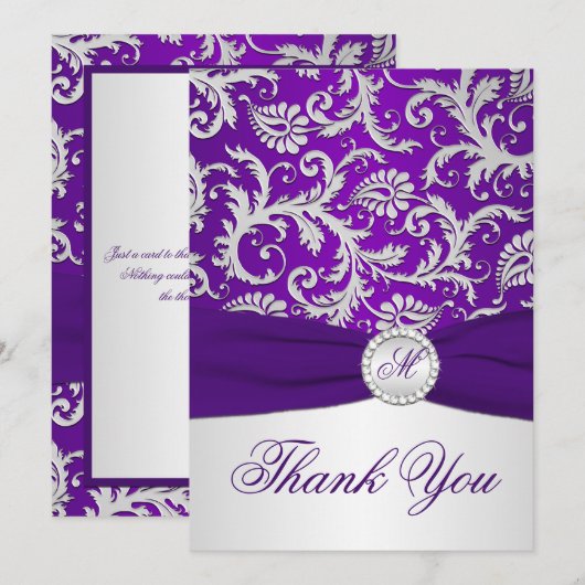 Royal Paarse en Silver Damask Dankuwekaart Bedankkaart (Voorkant / Achterkant)