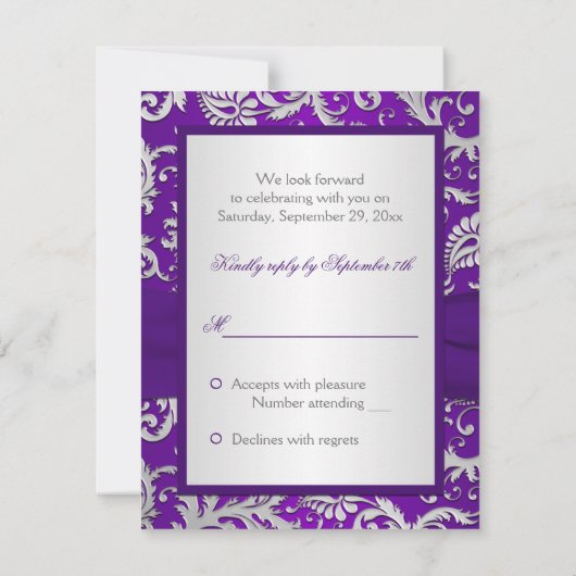 Royal Paarse en Silver Damask RSVP-kaart RSVP Kaartje (Achterkant)