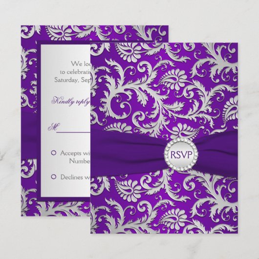 Royal Paarse en Silver Damask RSVP-kaart RSVP Kaartje (Voorkant / Achterkant)