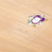 Royal Paarse Floral Crest Monogram Huwelijk Acryl Uitnodigingen (Laagn)