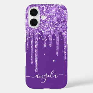 Royal Paarse Glitter Drips Glam Signature iPhone 16 Hoesje