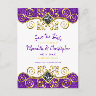 Royal Paarse Glitter Gold Gemstone Save the Date Aankondigingskaart