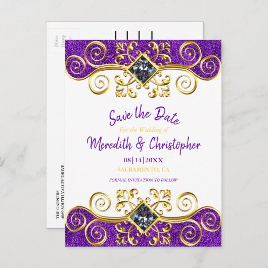 Royal Paarse Glitter Gold Gemstone Save the Date Aankondigingskaart (Voorkant / Achterkant)
