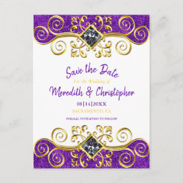 Royal Paarse Glitter Gold Gemstone Save the Date Aankondigingskaart