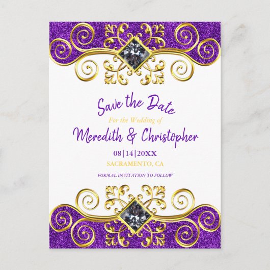 Royal Paarse Glitter Gold Gemstone Save the Date Aankondigingskaart (Voorkant)