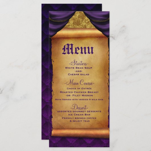 Royal Paarse Gold Drapes Scroll Wedding Menu (Voorkant / Achterkant)