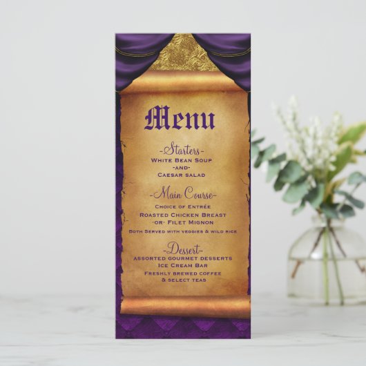 Royal Paarse Gold Drapes Scroll Wedding Menu (Staand voorkant)