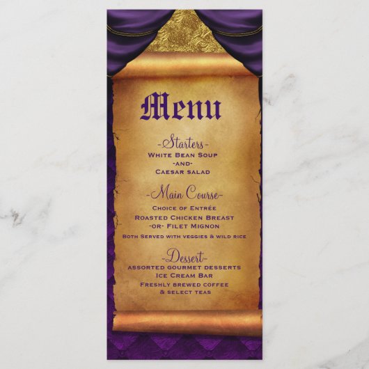 Royal Paarse Gold Drapes Scroll Wedding Menu (Voorkant)