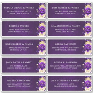 Royal Paarse Gold Floral Wedding Guest Address Sticker