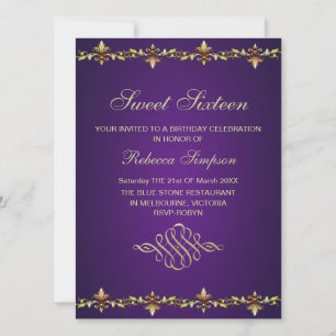 Royal Paarse & Gold Leaf verjaardagsuitnodiging Kaart